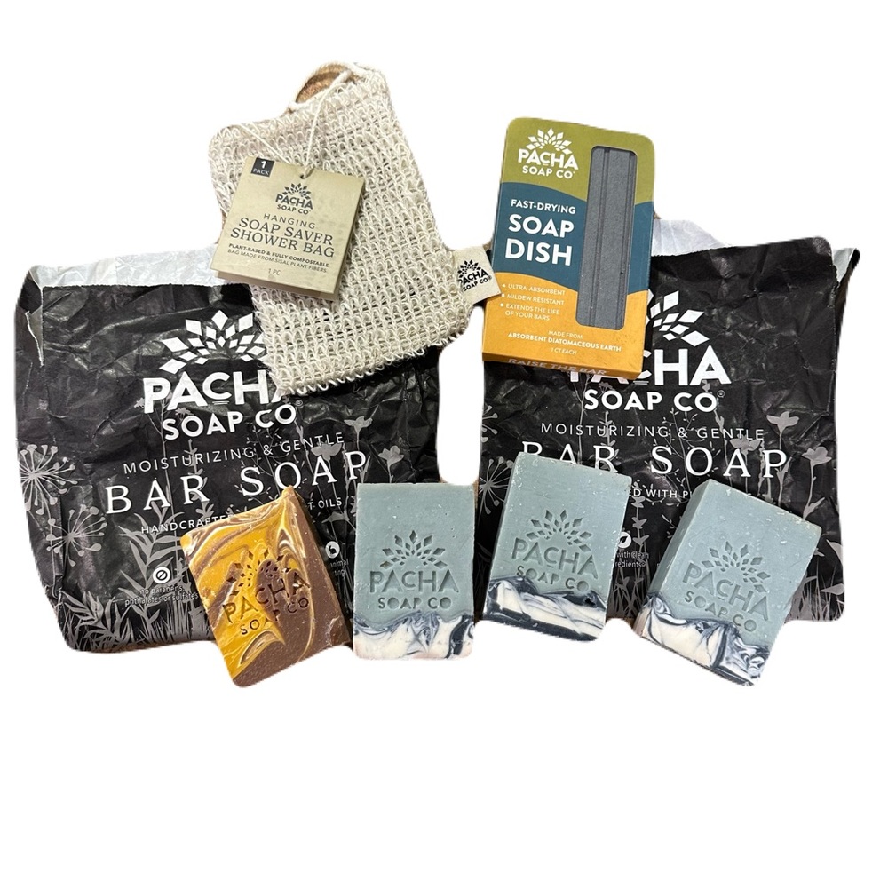 Pacha Soap Co. Four 4oz Bar Soaps, Soap Saver Shower Bag, Soap Dish All Natural
